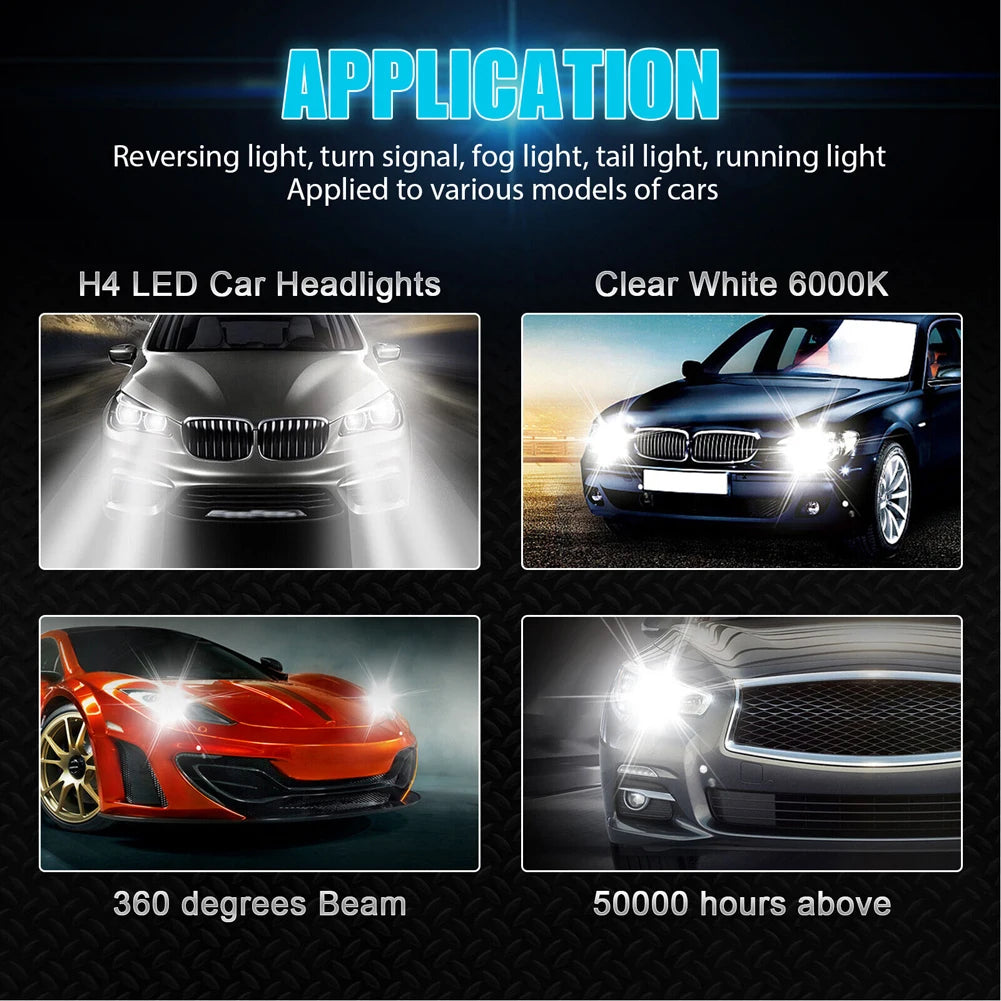 H4 Super White LED Headlight Bulb 6000-6500K High Low Beam LED Headlight IP67 Waterproof Auto Headlight 4000LM 80W 12V