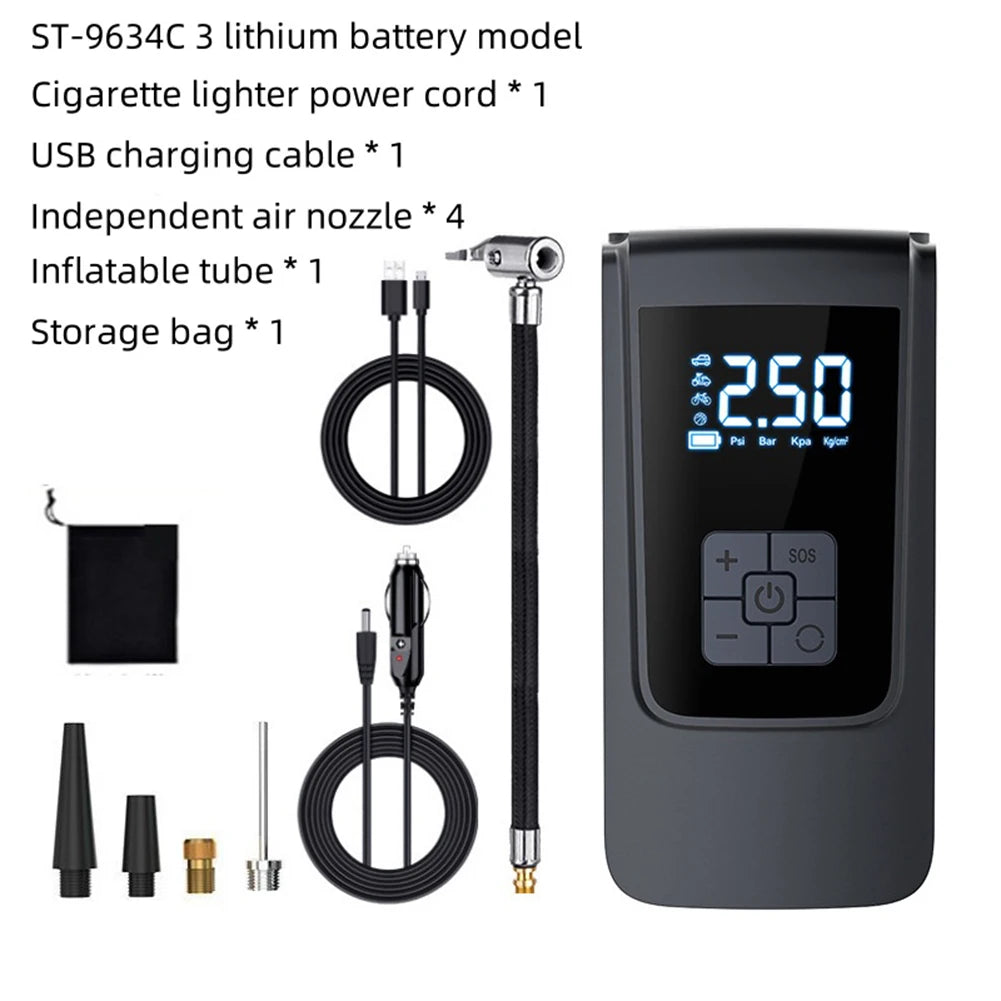 Smart Air Compressor LED Light 7.4/12V Car Tire Inflator 150PSI Portable Tire Inflator 4000mAh Cordless Motorcycle Tire Pump
