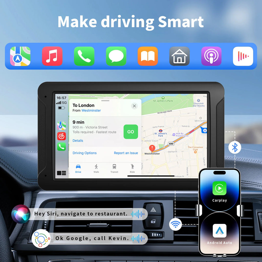 Pionray Wireless CarPlay Screen for Car 7" HD Portable Stereo Touchscreen CarPlay & Android Auto 1080P Full HD Screen Backup Cam
