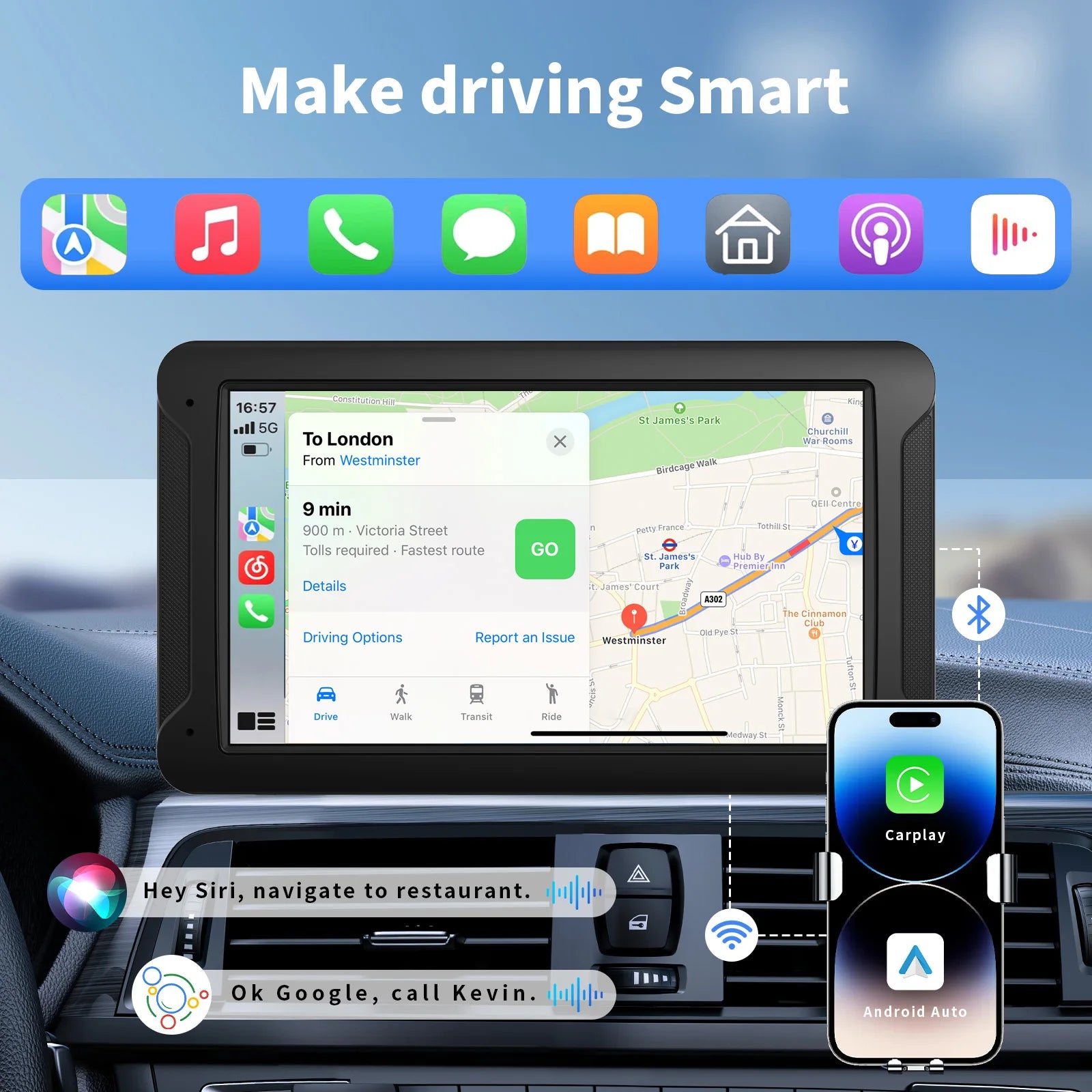 Pionray Wireless CarPlay Screen for Car 7" HD Portable Stereo Touchscreen CarPlay & Android Auto 1080P Full HD Screen Backup Cam
