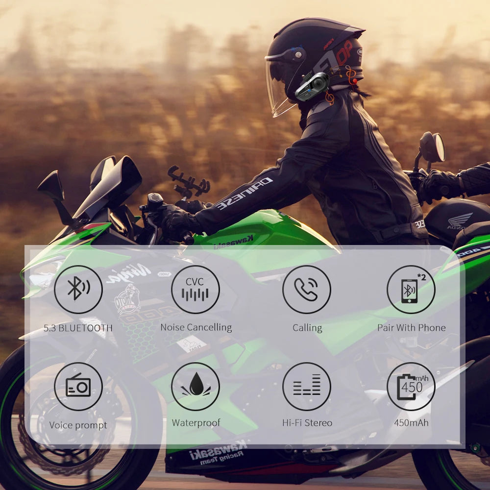 Motorcycle Helmet Headset Waterproof Wireless Hands-free Call Phone Earphone Music Player for Moto Helmet Bluetooth 5.3