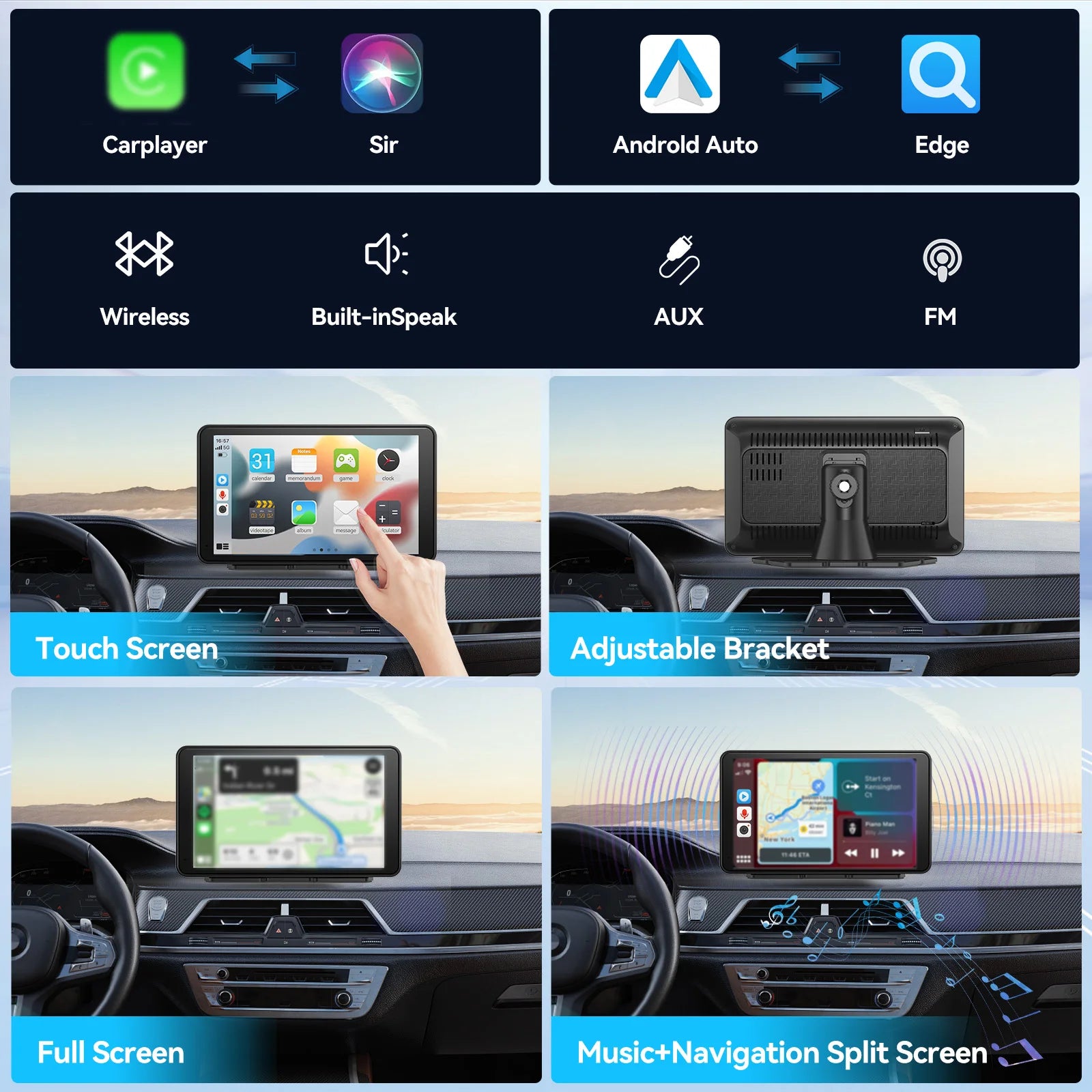 Pionray Wireless CarPlay Screen for Car 7" HD Portable Stereo Touchscreen CarPlay & Android Auto 1080P Full HD Screen Backup Cam