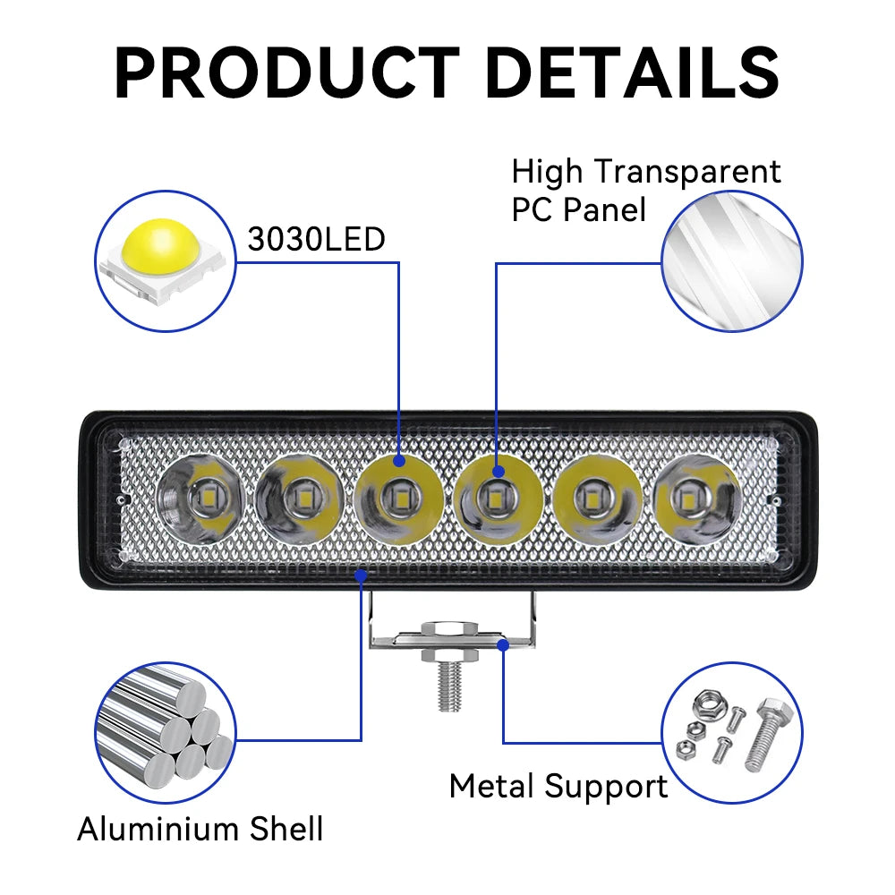 6Leds Car Work Light Bar 12V 18W High Bright Motorcycle Spotlight  Waterproof Car Headlights for Offroad Truck Trailer Offroad