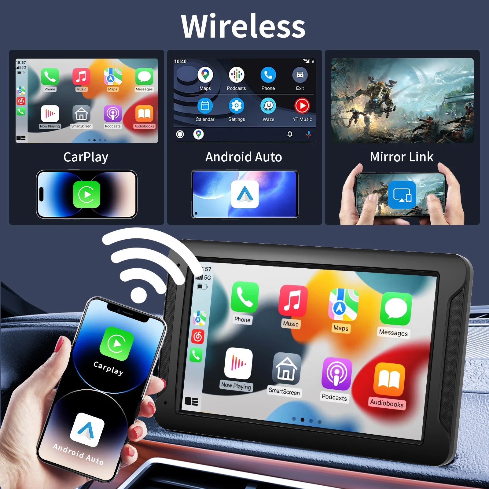 Pionray Wireless CarPlay Screen for Car 7" HD Portable Stereo Touchscreen CarPlay & Android Auto 1080P Full HD Screen Backup Cam