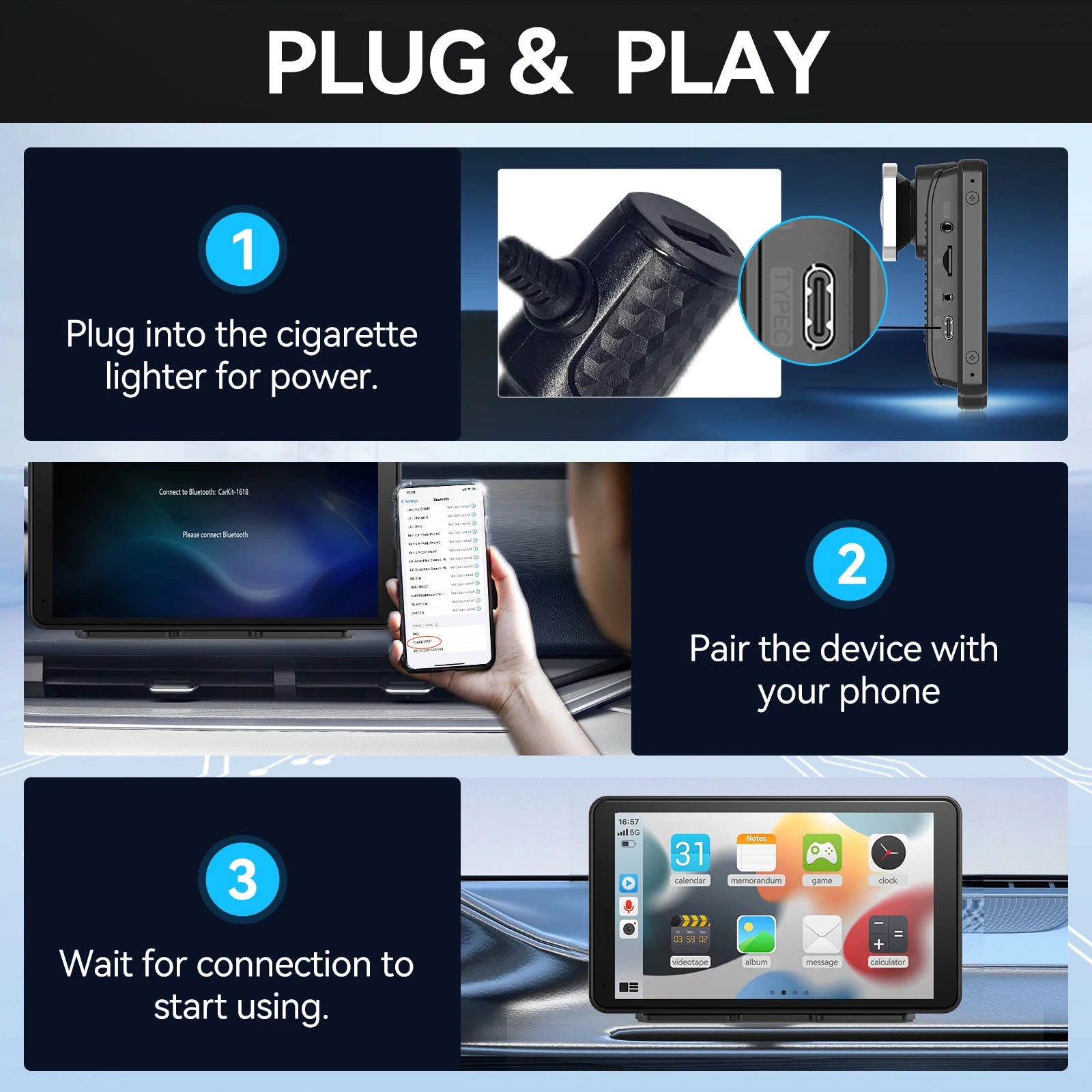 Pionray Wireless CarPlay Screen for Car 7" HD Portable Stereo Touchscreen CarPlay & Android Auto 1080P Full HD Screen Backup Cam