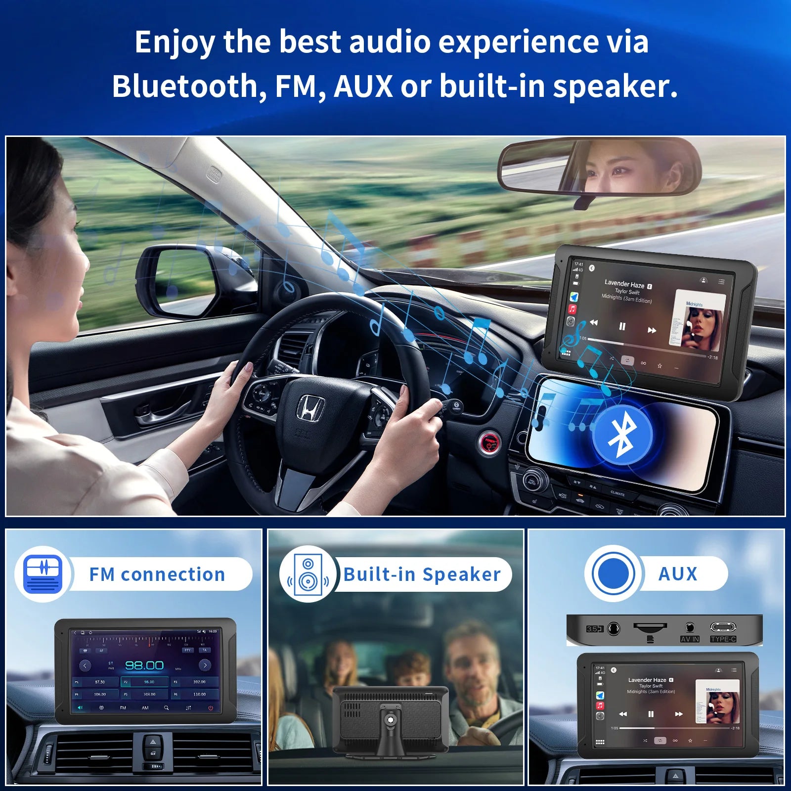 Pionray Wireless CarPlay Screen for Car 7" HD Portable Stereo Touchscreen CarPlay & Android Auto 1080P Full HD Screen Backup Cam