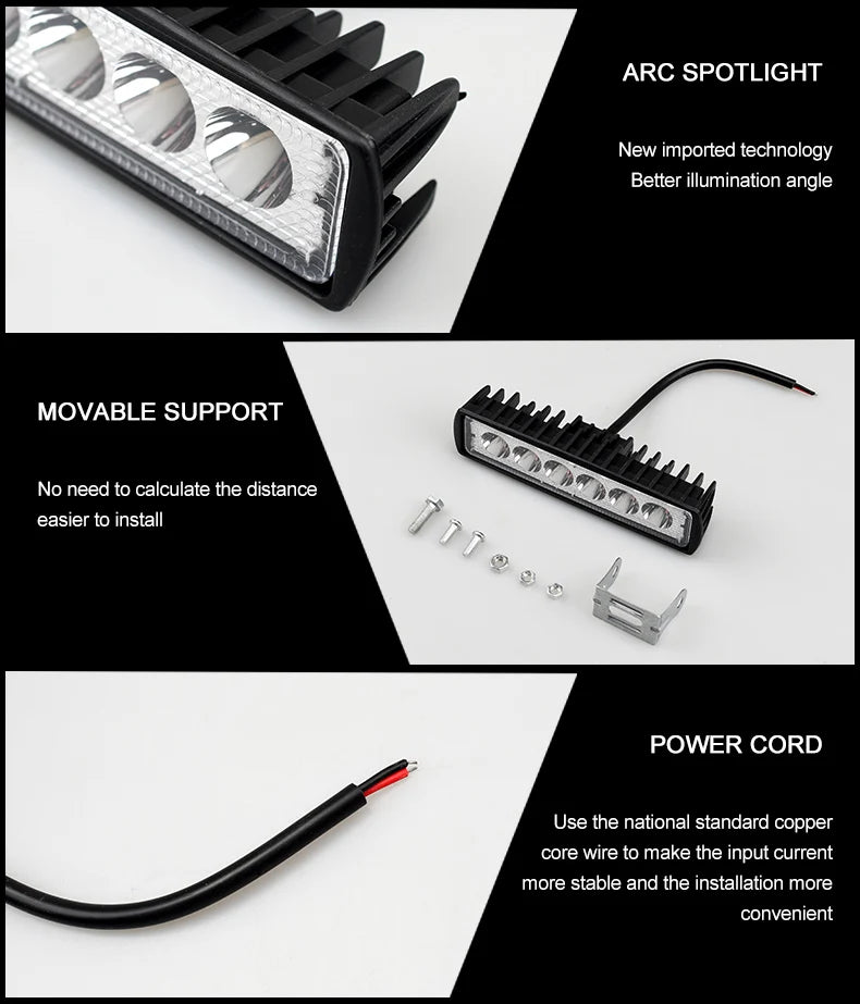 LED Work Light Strip Shape Light Bar 6000K Flood Off Road Head Car Light Auto Parts 12V Driving Fog Headlights DRL Driving Lamp