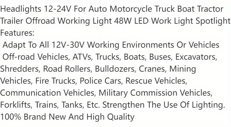 LED Headlights 12-24V For Auto Motorcycle Truck Boat Tractor Trailer Offroad Working Light 48W LED Work Light Spotlight