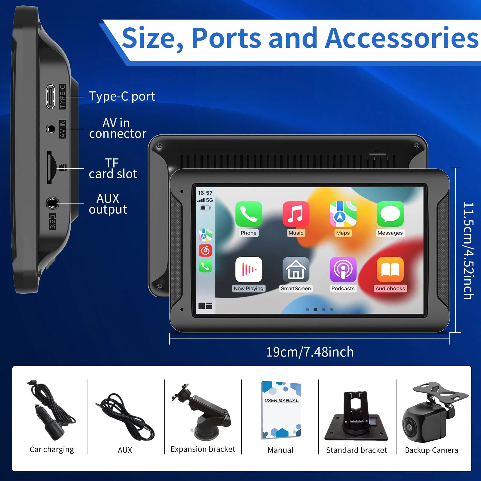 Pionray Wireless CarPlay Screen for Car 7" HD Portable Stereo Touchscreen CarPlay & Android Auto 1080P Full HD Screen Backup Cam