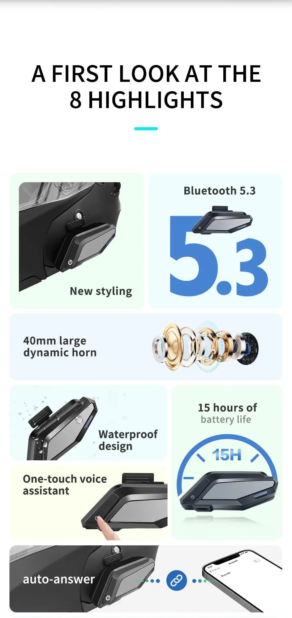 BT 5.3 Moto Helmet Headset Light Wireless Helmet Hands-free Call Phone Motorcycle Waterproof Earphone Music Player Speaker Moto