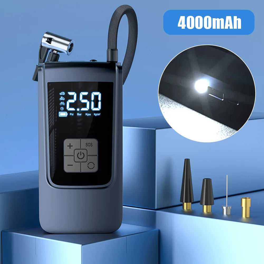 Smart Air Compressor LED Light 7.4/12V Car Tire Inflator 150PSI Portable Tire Inflator 4000mAh Cordless Motorcycle Tire Pump