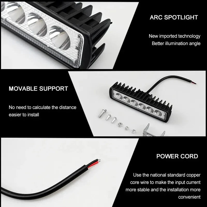 LED Work Light Strip Shape Light Bar 6000K Flood Off Road Head Car Light Auto Parts 12V Driving Fog Headlights DRL Driving Lamp